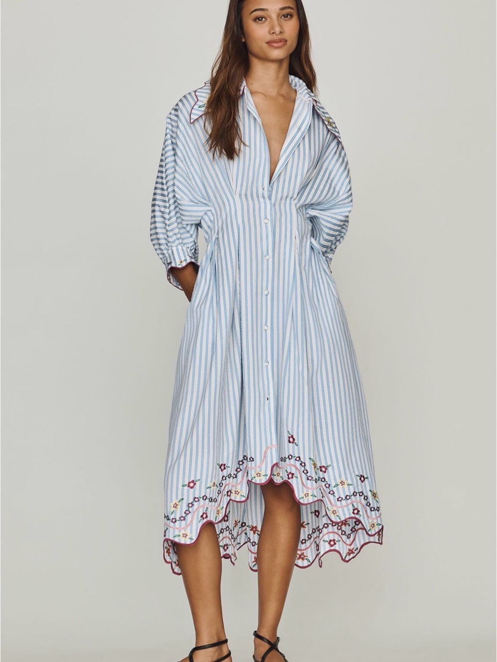 Caju dress Light Blue Striped Midi Dress with Embroidered Scallop Hem